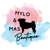 Mylo and Mas Boutique logo featuring our brand colours light pink and light blue and a pug.