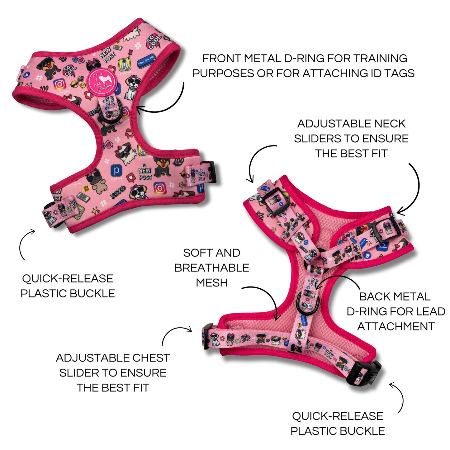 Dog Adjustable Harness - Social Media Star Pink