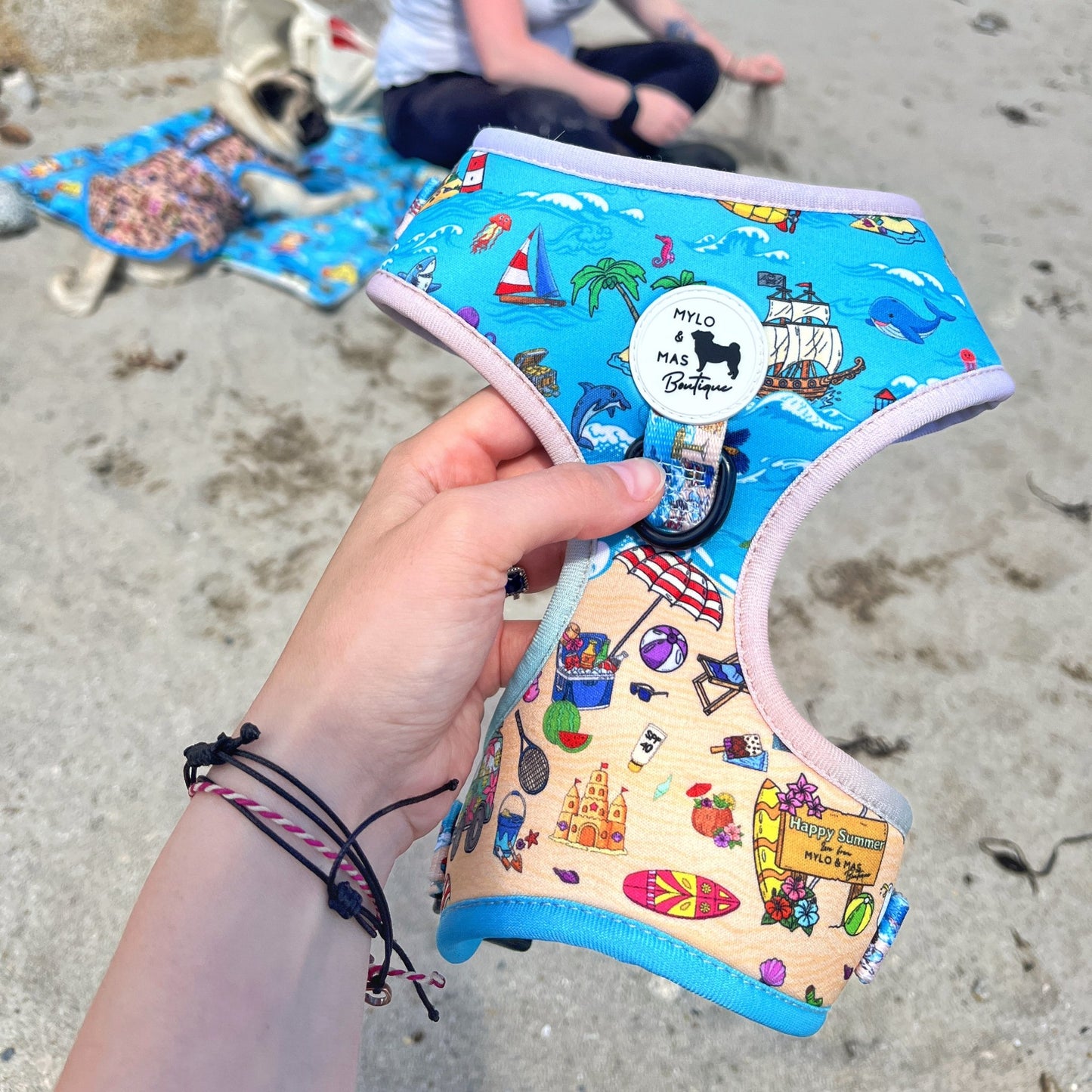 Beach themed harness held by a human hand on the beach with a pug in the background.