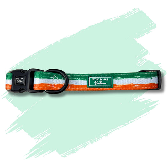 Dog collar featuring green white and orange stripes representing Irish flag.