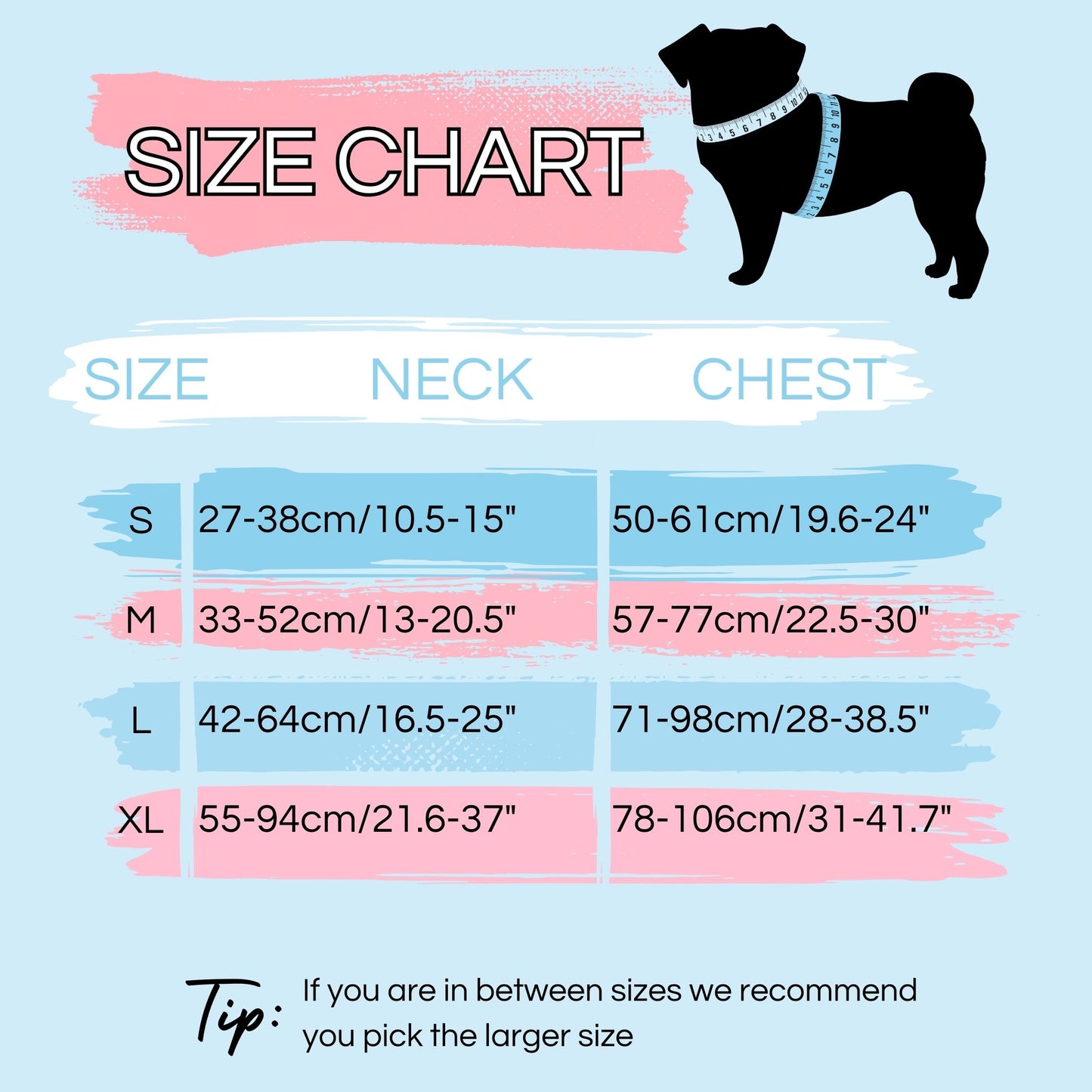 Size chart for tough Mighty Hounds harnesses.