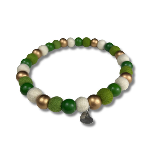 Dog necklace made of green and white wool felt balls mixed with green and golden wooden beads perfect for St. Patrick's Day.