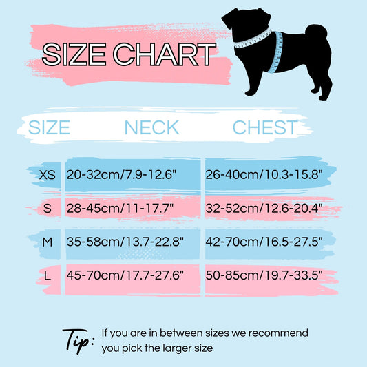 Size chart for strap dog harnesses.